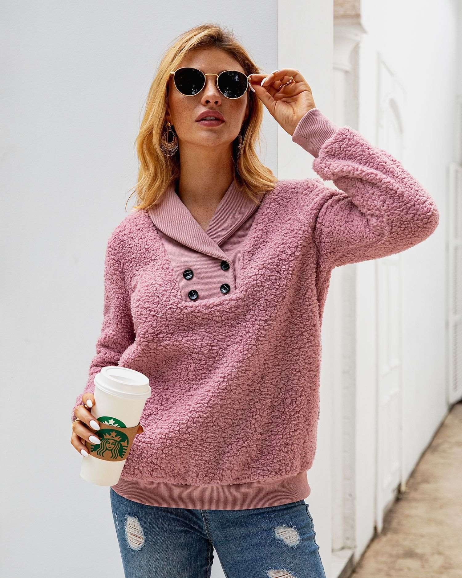 Fashion Plush Lapel Fastener Long sleeve Sweatshirts