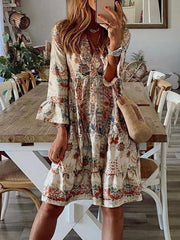 Bohemia Style women v neck printed skater dresses