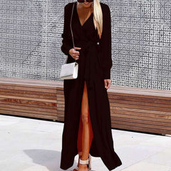 Casual Pure V neck Lacing Long sleeve Maxi Dresses