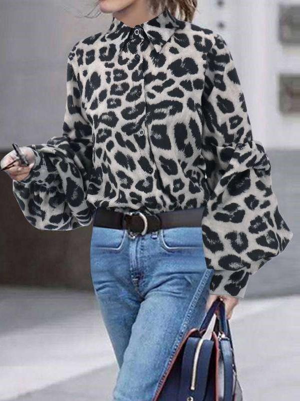 Loose Leopard print V neck Long sleeve Blouses