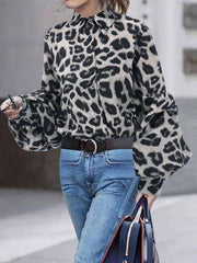 Loose Leopard print V neck Long sleeve Blouses