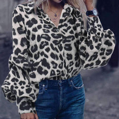 Loose Leopard print V neck Long sleeve Blouses