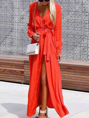 Casual Pure V neck Lacing Long sleeve Maxi Dresses