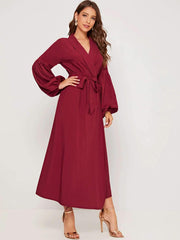Fashion Pure Puff sleeve V neck Skater Maxi Dresses