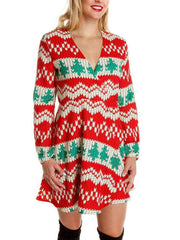 Fashion  Christmas Print V neck Long sleeve Skater Dresses