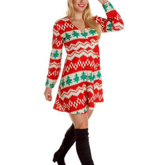 Fashion  Christmas Print V neck Long sleeve Skater Dresses