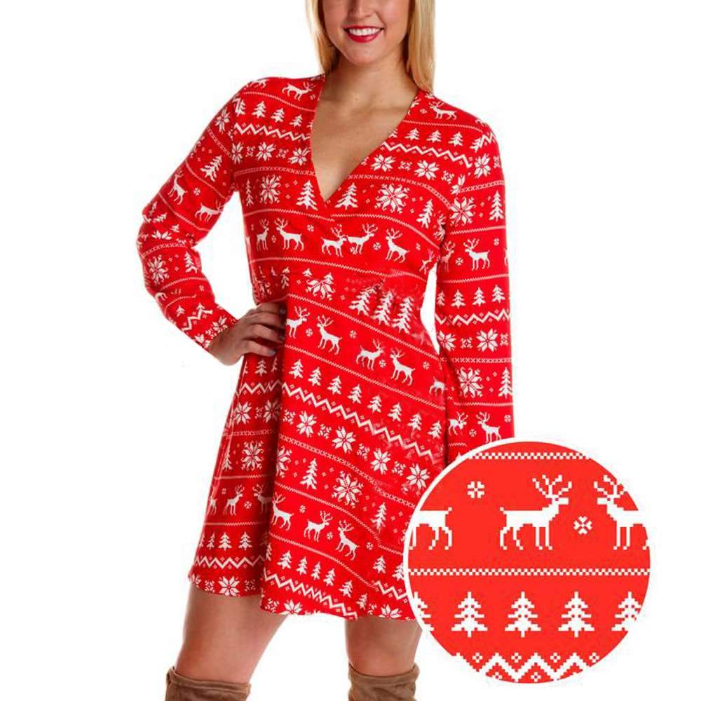 Fashion  Christmas Print V neck Long sleeve Skater Dresses