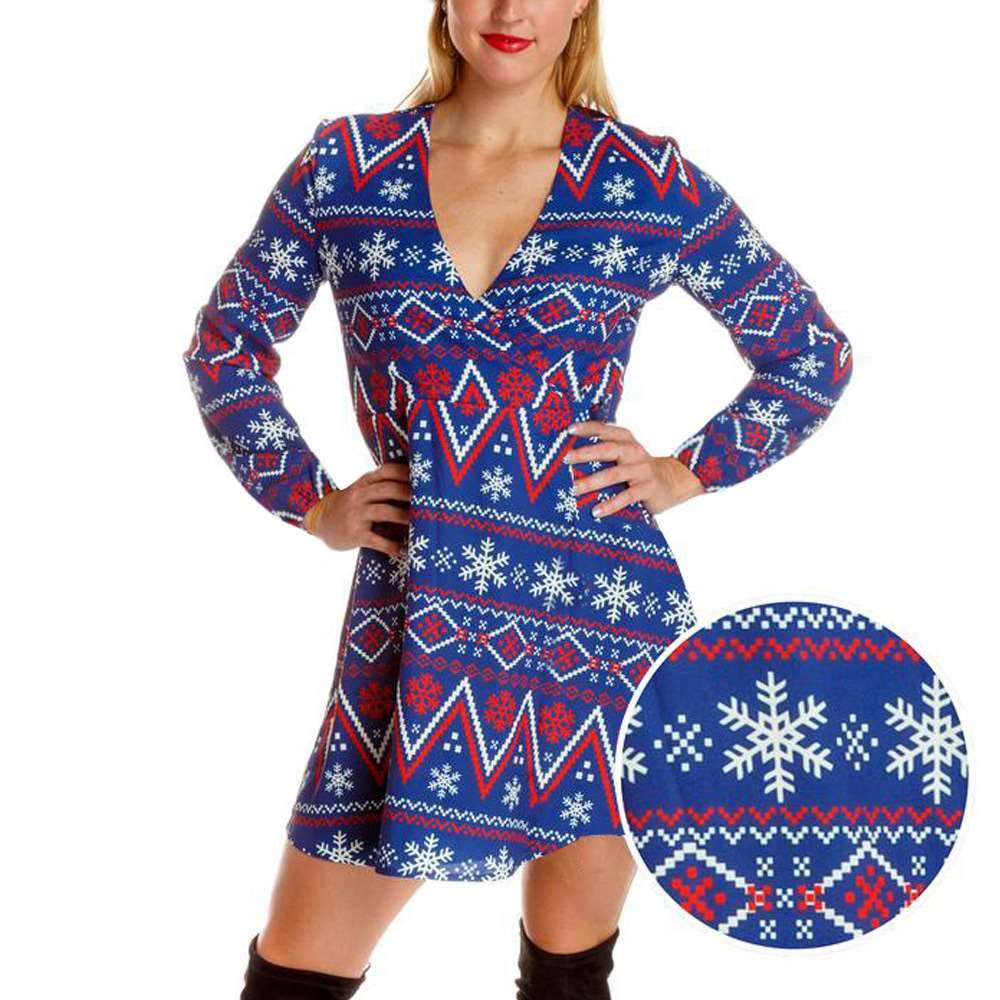 Fashion  Christmas Print V neck Long sleeve Skater Dresses