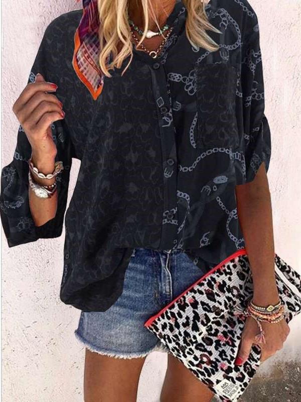 Fashion Print Long sleeve Stand collar Blouses