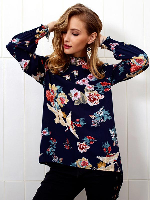 Autumn Winter Printed High Collar Chiffon Blouse