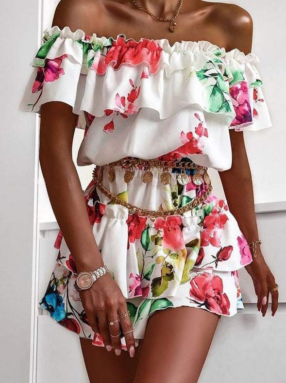 Chic women off shoulder printed chiffon skater dresses
