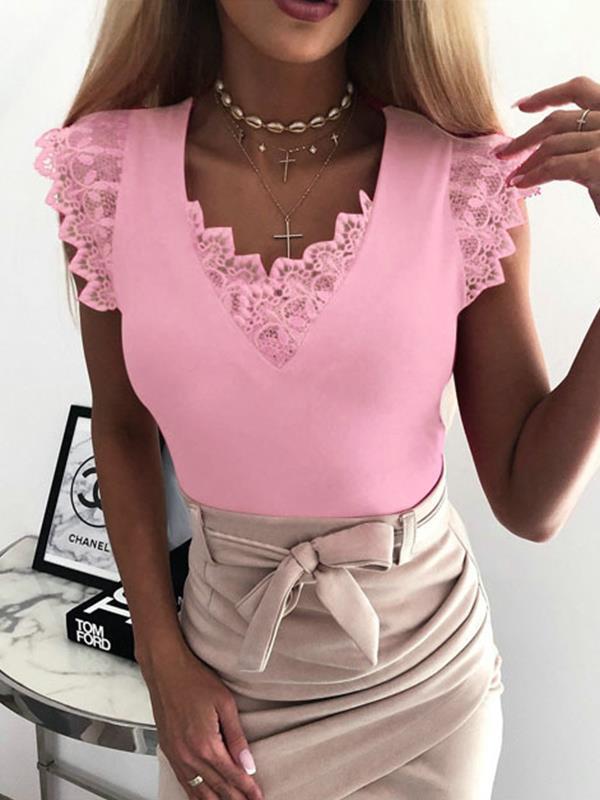 Sexy lace decoration plain sleeveless  v neck vests shirts