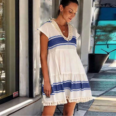 Casual Loose Stripe Gored V neck Short sleeve Macrame Shift Dresses