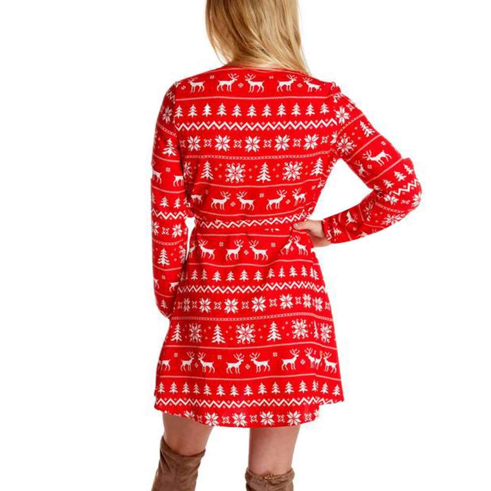 Fashion  Christmas Print V neck Long sleeve Skater Dresses