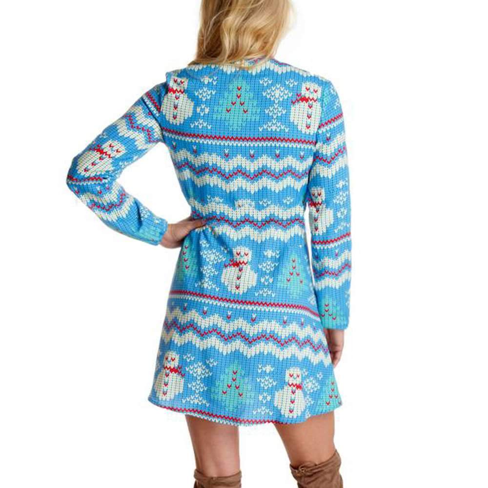 Fashion  Christmas Print V neck Long sleeve Skater Dresses