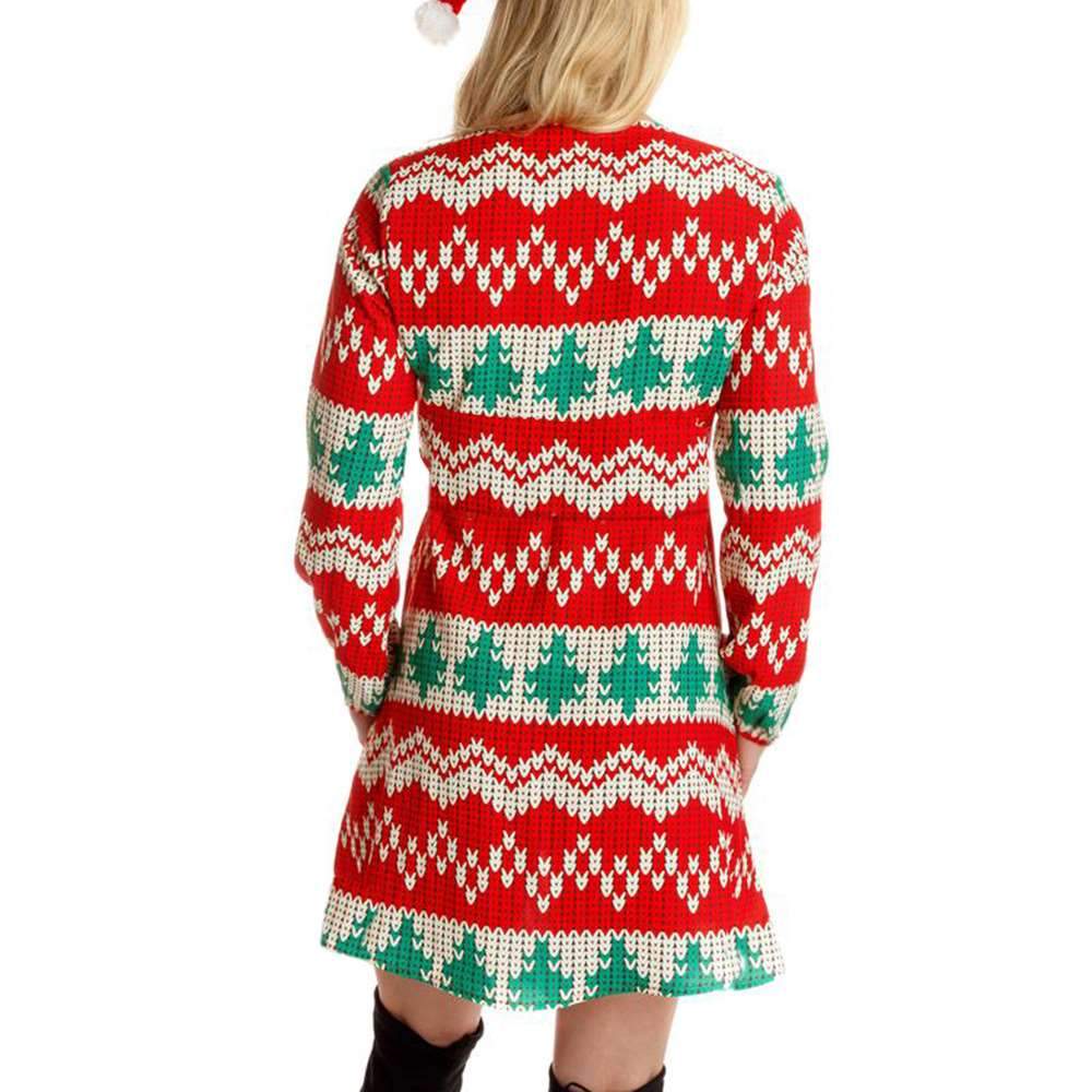 Fashion  Christmas Print V neck Long sleeve Skater Dresses