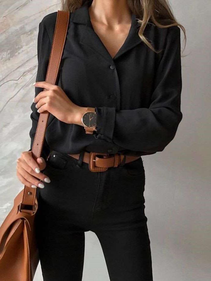 Pure Lapel Plus Long sleeve Blouses