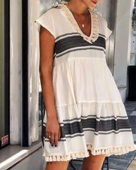 Casual Loose Stripe Gored V neck Short sleeve Macrame Shift Dresses