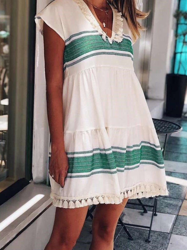 Casual Loose Stripe Gored V neck Short sleeve Macrame Shift Dresses