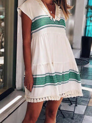 Casual Loose Stripe Gored V neck Short sleeve Macrame Shift Dresses