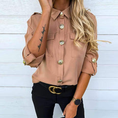 Fashion Pure Lapel Long sleeve Blouses