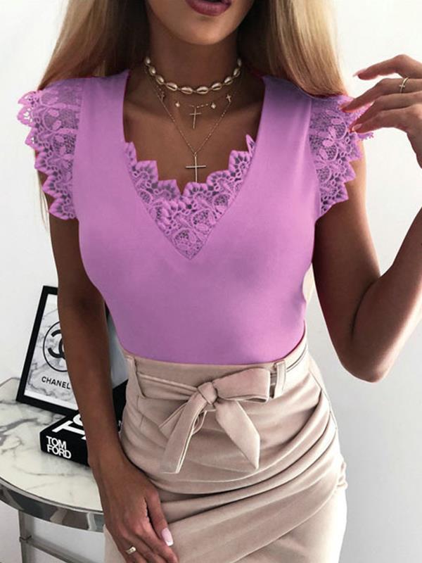 Sexy lace decoration plain sleeveless  v neck vests shirts