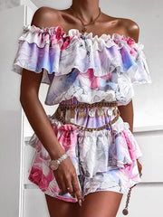 Chic women off shoulder printed chiffon skater dresses