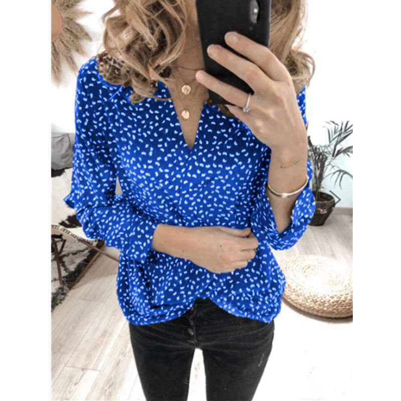 Fashion Point Print V neck Long sleeve Blouses