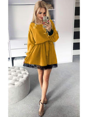 Fashion Plush Lace Round neck Long sleeve Lacing Skater Dresses