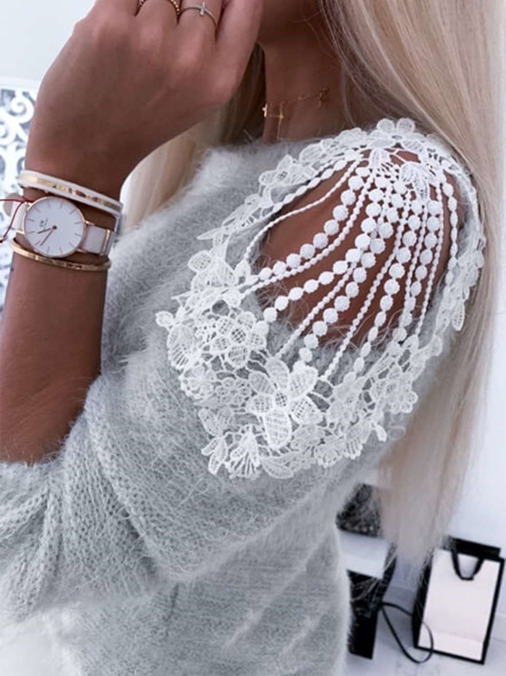 Fashion Plush Knit Off shoulder Lace Long sleeve Sweaters