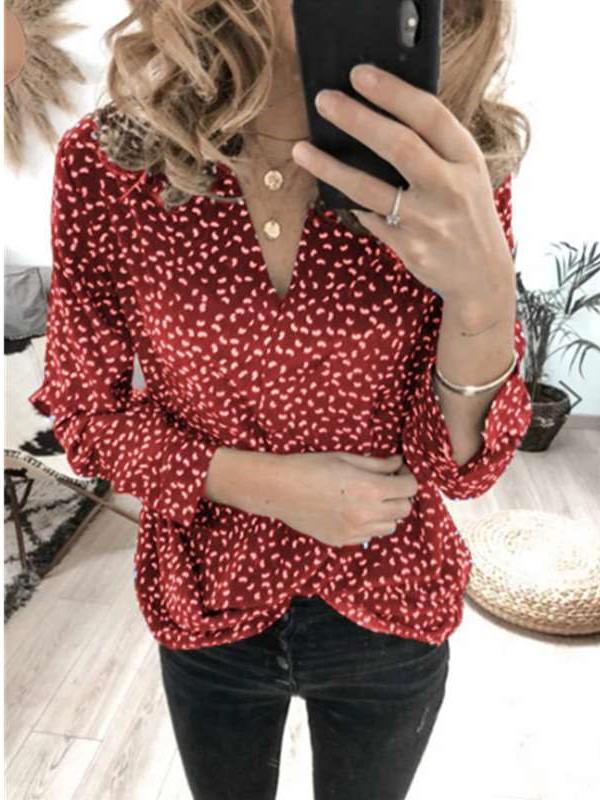 Fashion Point Print V neck Long sleeve Blouses