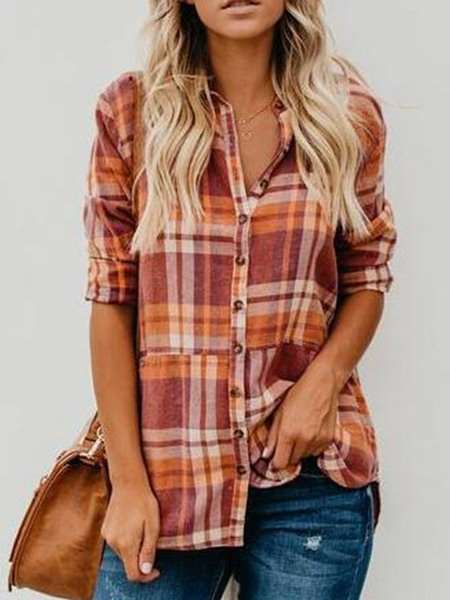 Fashion Plaid print Lapel Long sleeve Blouses