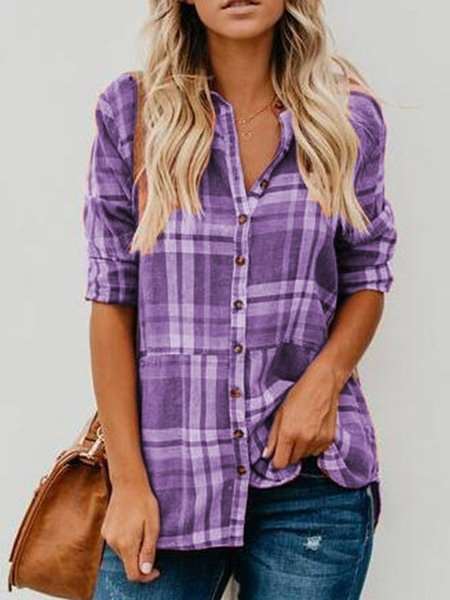 Fashion Plaid print Lapel Long sleeve Blouses