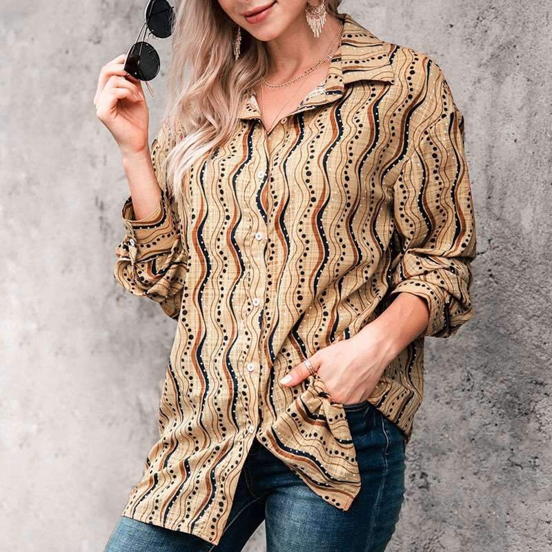 Fashion Casual Lapel Print Long sleeve Blouse