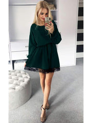 Fashion Plush Lace Round neck Long sleeve Lacing Skater Dresses