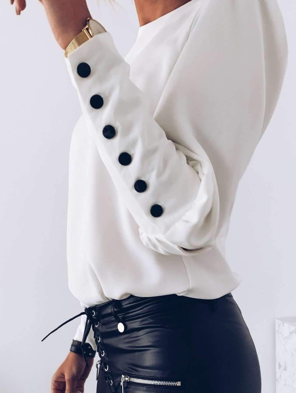 Fashion Long sleeve Round neck Back fastener Blouses