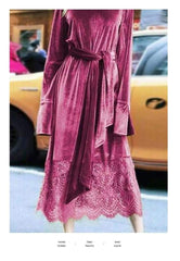 Retro Lacing Pure Velvet Long sleeve Gored Maxi Dresses