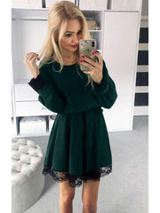 Fashion Plush Lace Round neck Long sleeve Lacing Skater Dresses