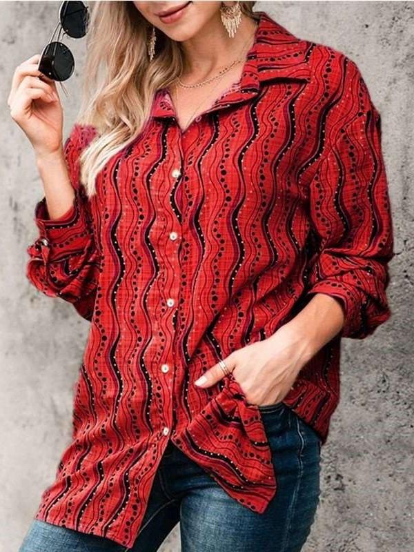 Fashion Casual Lapel Print Long sleeve Blouse