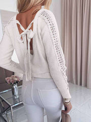 Casual Pure Round neck Backless Hoolow out Long sleeve T-Shirts