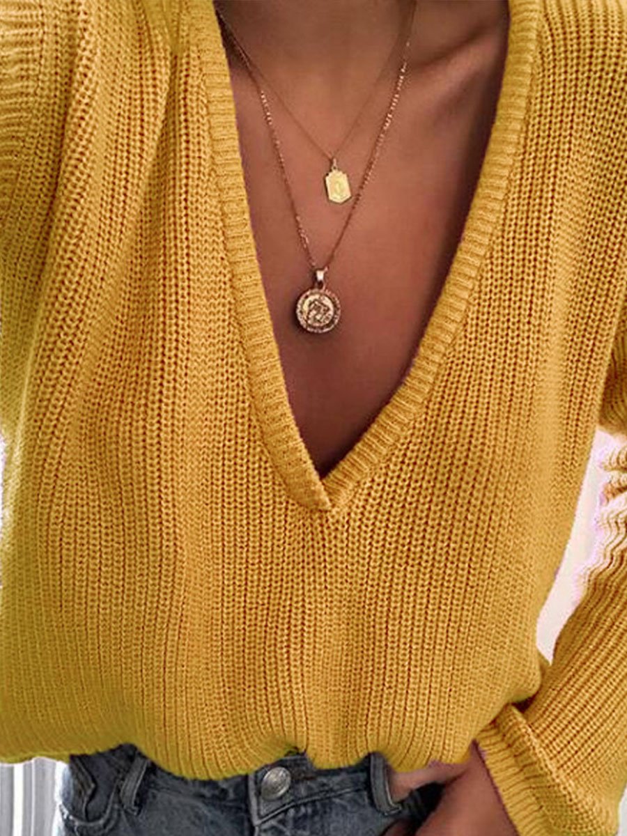 Plain Deep V Neck Long Sleeve Woman More Colors Sweaters