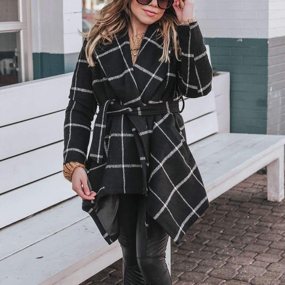 Fashion Loose Plaid Belt Coats