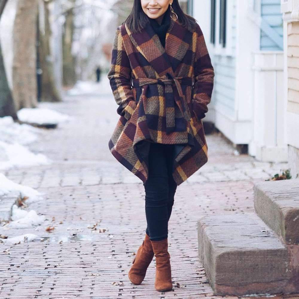 Fashion Loose Plaid Belt Coats