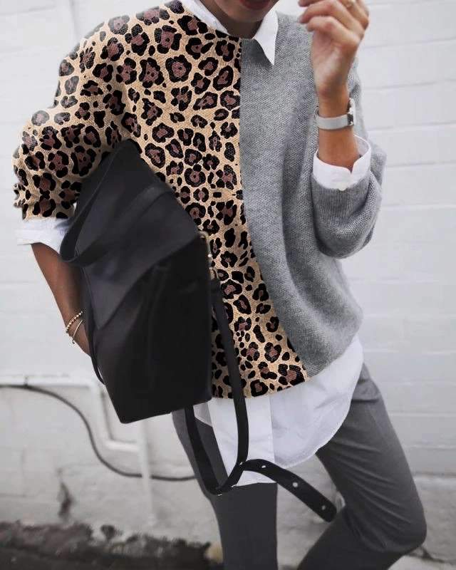 Fashion Leopard grain patchwork knit top Sweater