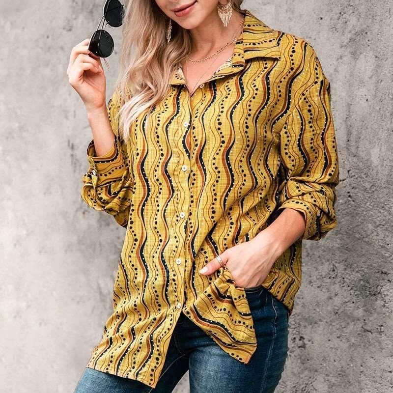 Fashion Casual Lapel Print Long sleeve Blouse