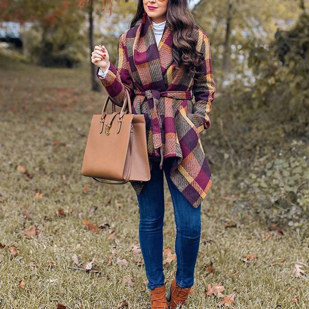 Fashion Loose Plaid Belt Coats