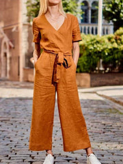Casual Loose Pure Lacing V neck Short sleeve Jumpsuits