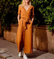 Casual Loose Pure Lacing V neck Short sleeve Jumpsuits