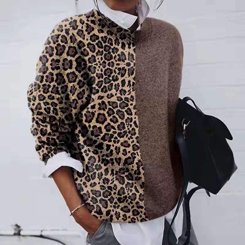 Fashion Leopard grain patchwork knit top Sweater