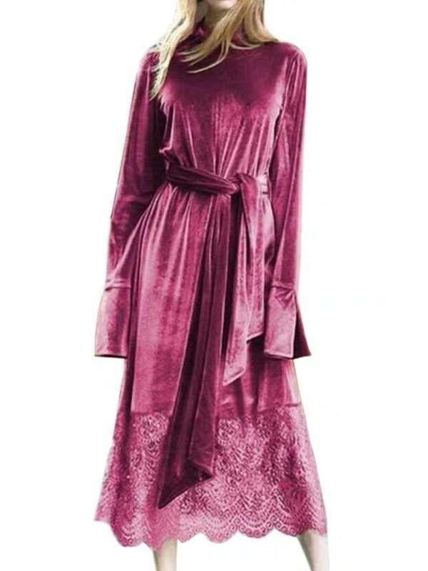Retro Lacing Pure Velvet Long sleeve Gored Maxi Dresses